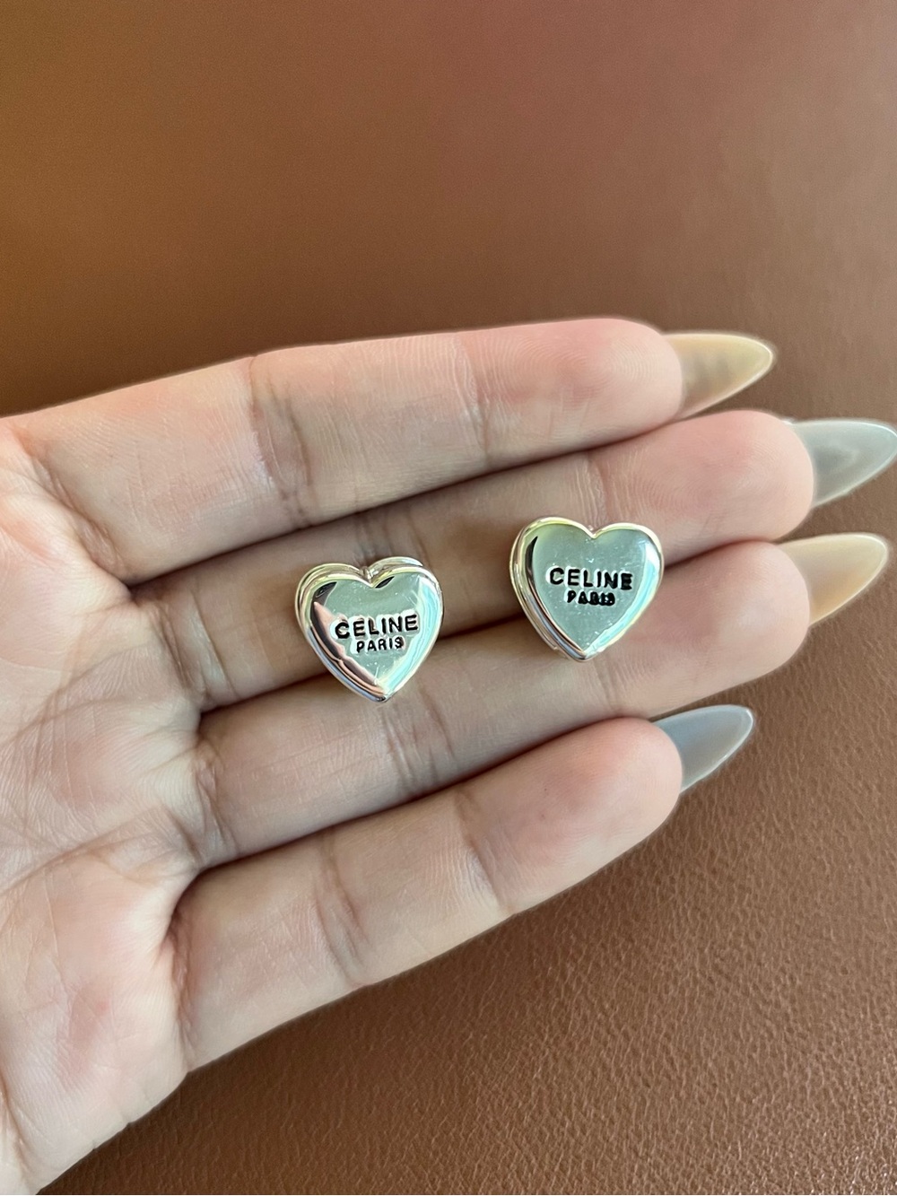 Celine Silver Heart Logo Stud Earrings